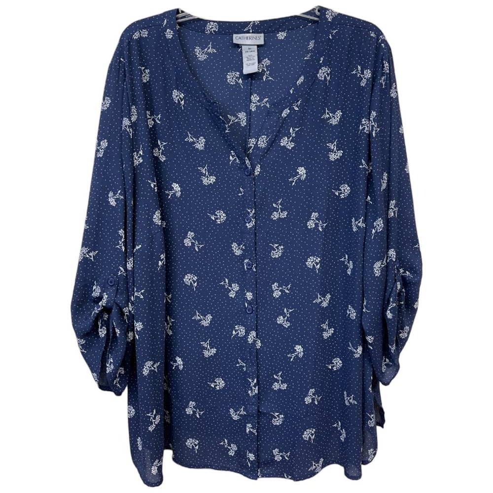 34) CATHERINES - 26W-28W (3X) Navy Floral Button Up Blouse with Roll Tab Sleeves